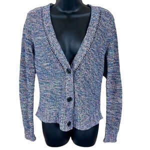 EUC American Eagle short button cardigan, pink and blue knit, size small.